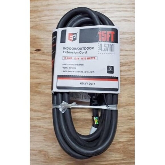 New 15 Ft Outdoor Extension Cord - 12/3Heavy Duty Black Extension Cable - Picture 1 of 1